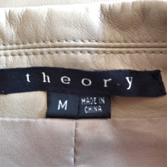 Theory Jacket Blazer Buttery Soft Leather Striped Sleeve Lining Beige Designer M - Picture 6 of 8